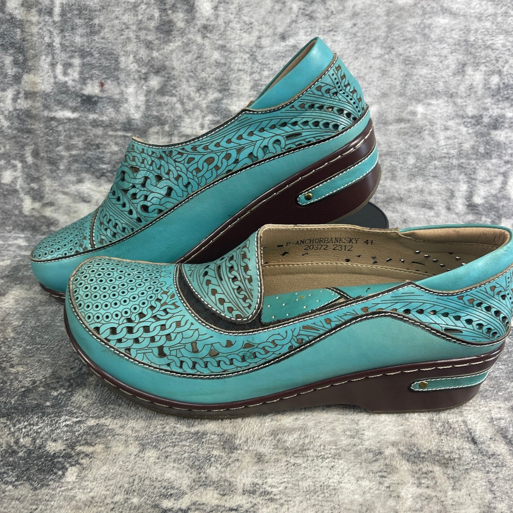 L'Artiste Spring Step Womens 41 Hanna Slip On Loafer Perforated Floral Turquoise - Picture 1 of 12